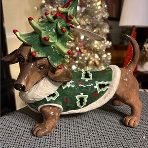 Blue Sky Festive Dachshund Holiday Figurine with Christmas Tree Hat